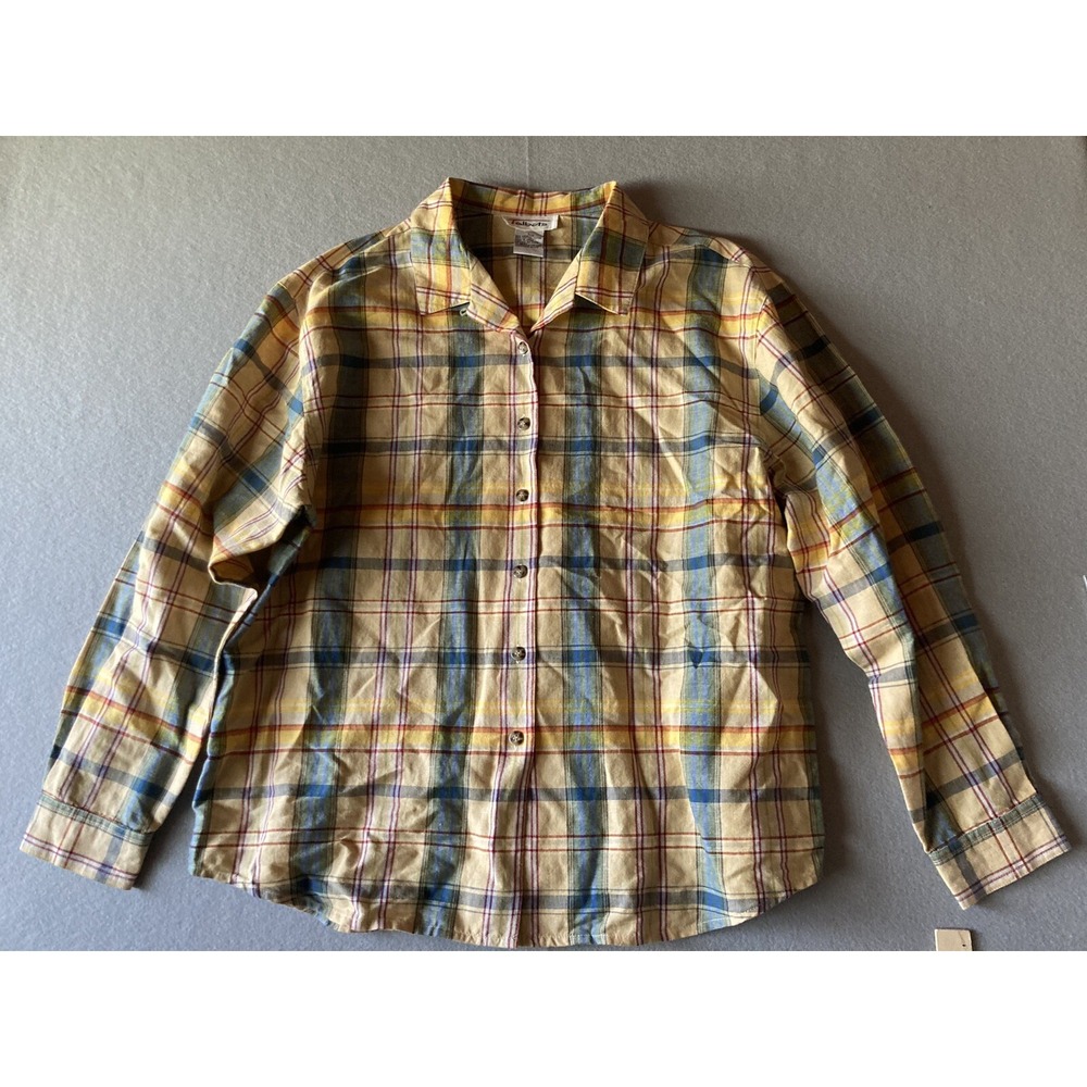 Vintage Talbots Men's Shirt Large Yellow Plaid Linen Blend Long Sleeve #1993